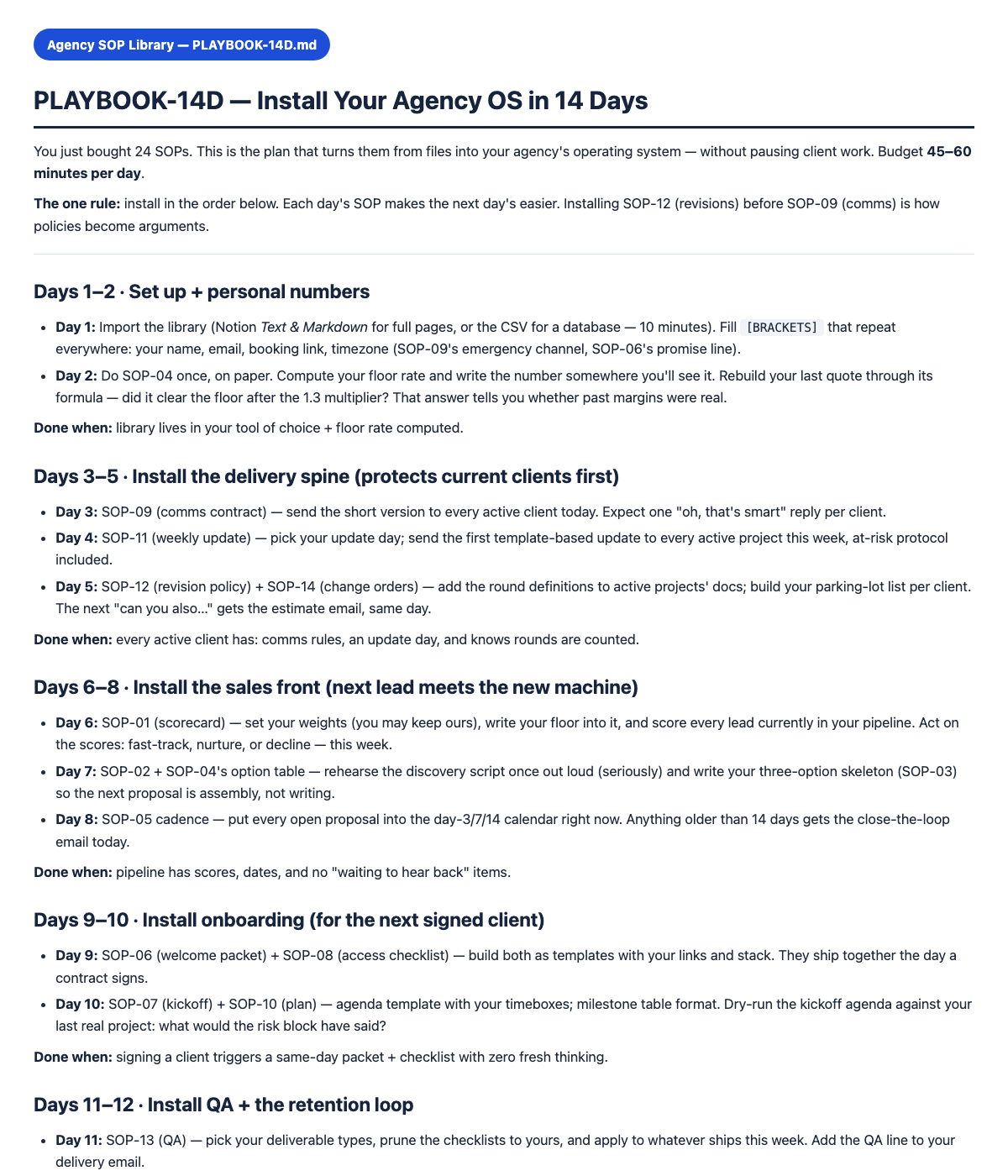 agency-sop-library kit — 14-day playbook